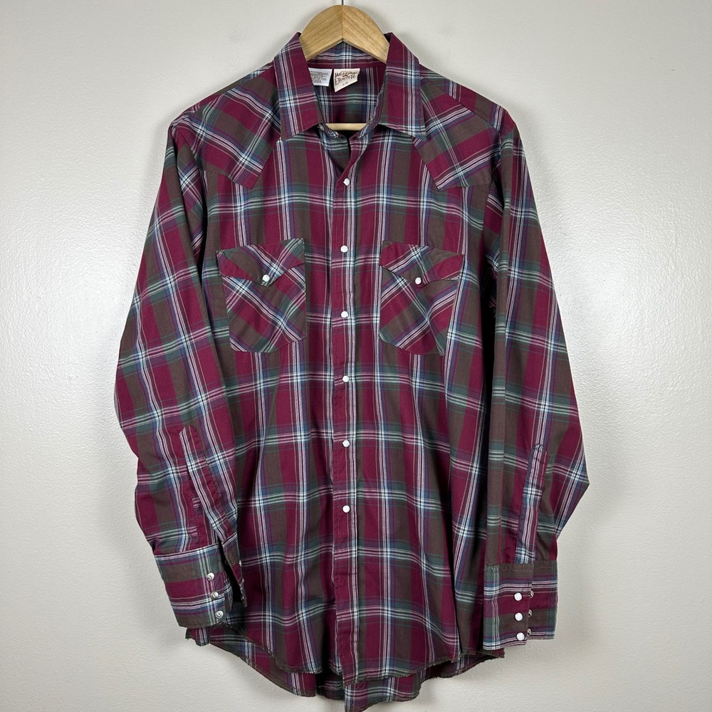 Western Frontier Men's Large Shirt Burgundy Plaid Pearl Snap Western USA Made